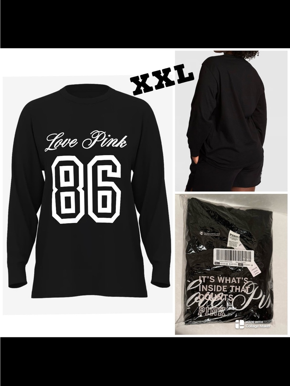 VS PINK NWT Pure Black Campus Cotton Long-Sleeve Tee